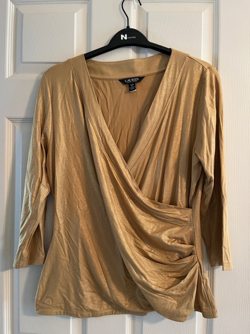 Lauren Ralph Lauren Metallic Gold Wrap-Front Long Sleeve Top
